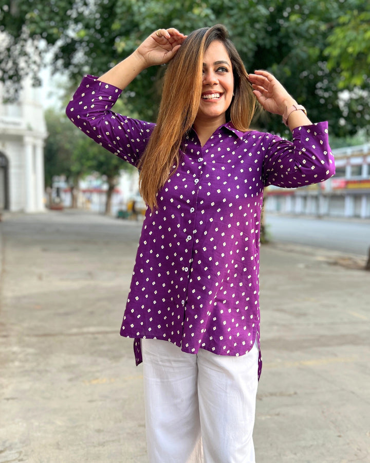 Purple Bandhani Printed Cotton A-Line Shirt for Women