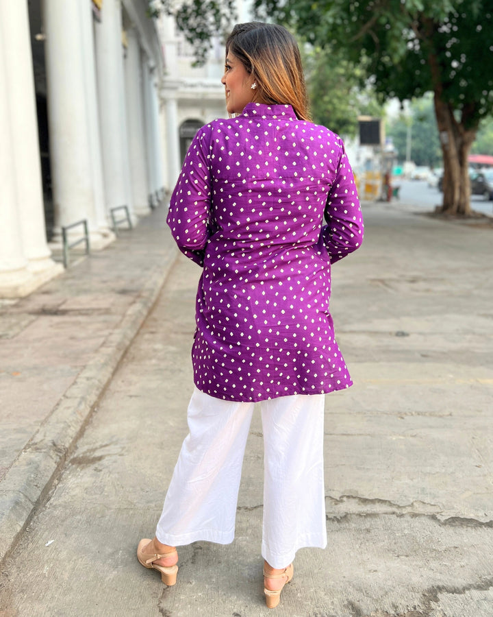 Purple Bandhani Printed Cotton A-Line Shirt for Women