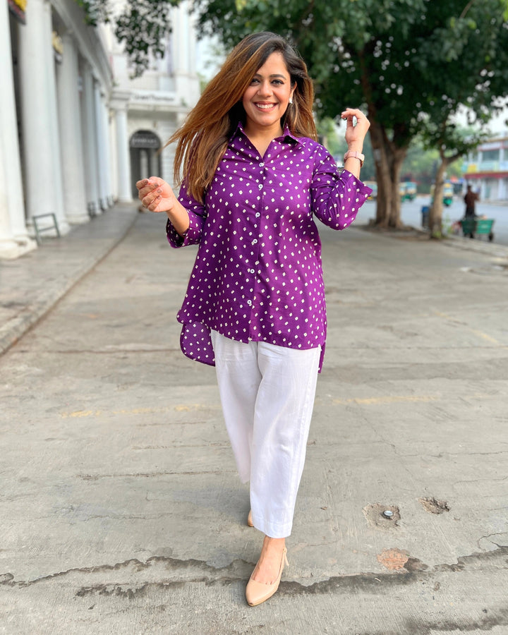 Purple Bandhani Printed Cotton A-Line Shirt for Women
