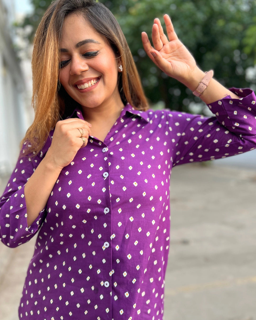 Purple Bandhani Printed Cotton A-Line Shirt for Women