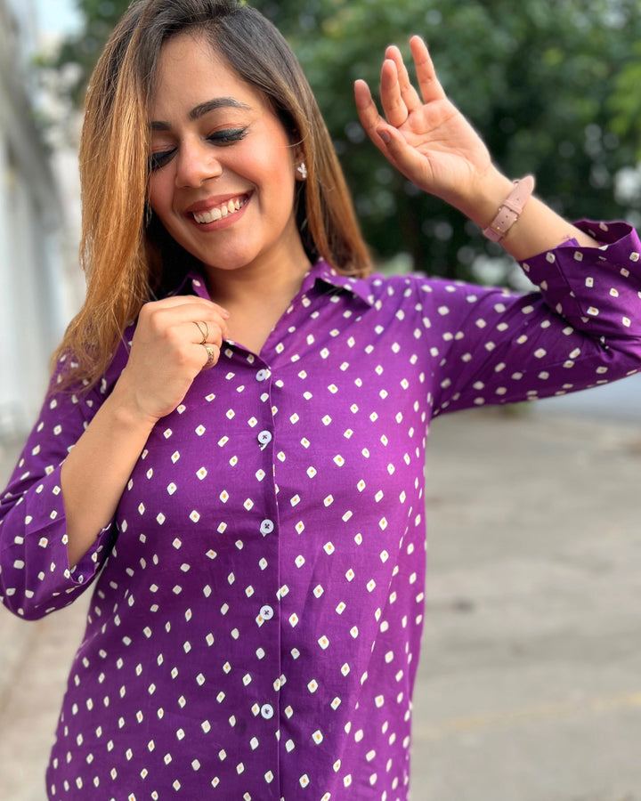 Purple Bandhani Printed Cotton A-Line Shirt for Women