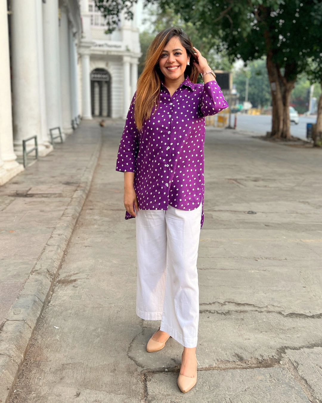 Purple Bandhani Printed Cotton A-Line Shirt for Women