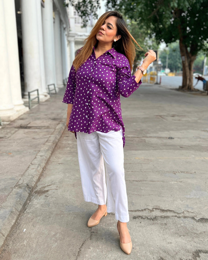 Purple Bandhani Printed Cotton A-Line Shirt for Women