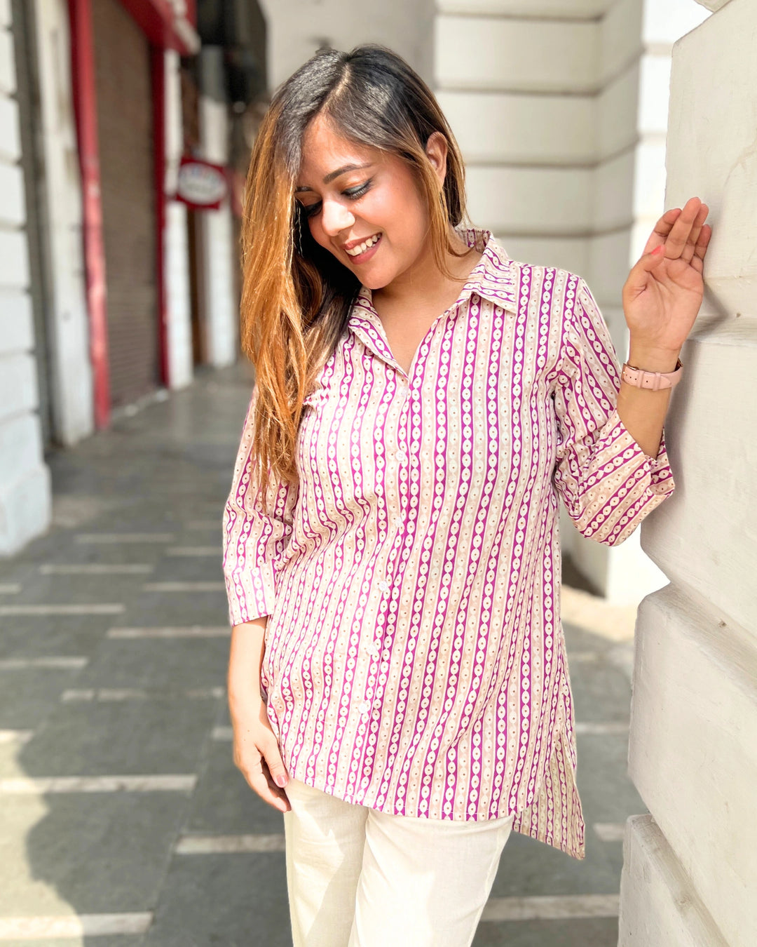 Purple Printed Cotton A-line Shirt For Women