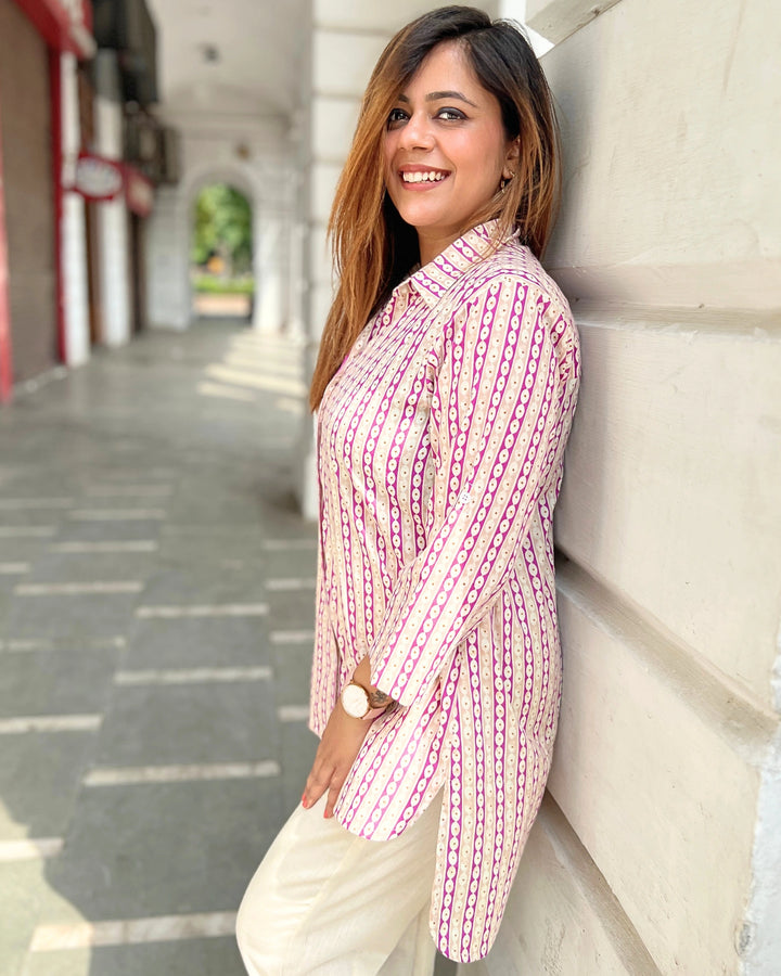 Purple Printed Cotton A-line Shirt For Women
