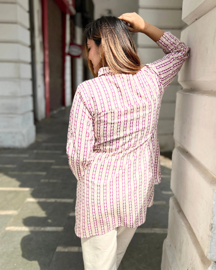 Purple Printed Cotton A-line Shirt For Women