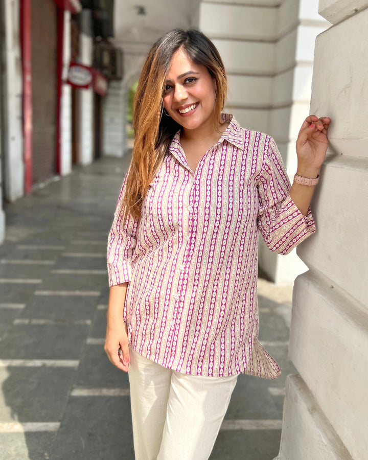 Purple Printed Cotton A-line Shirt For Women