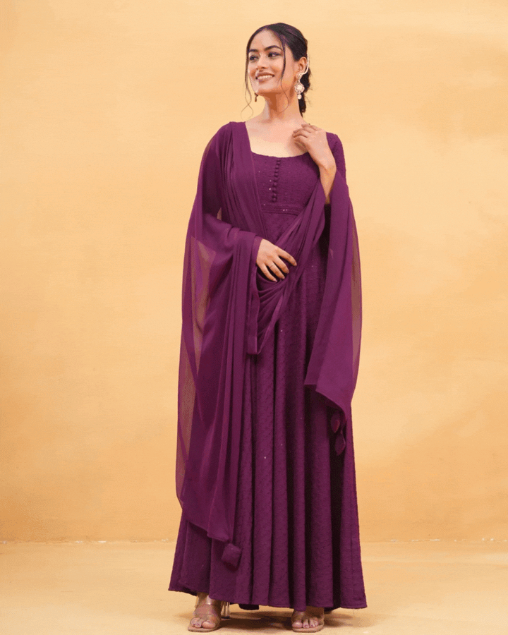 Glitter Glows Wine Anarkali Suit Set For Women