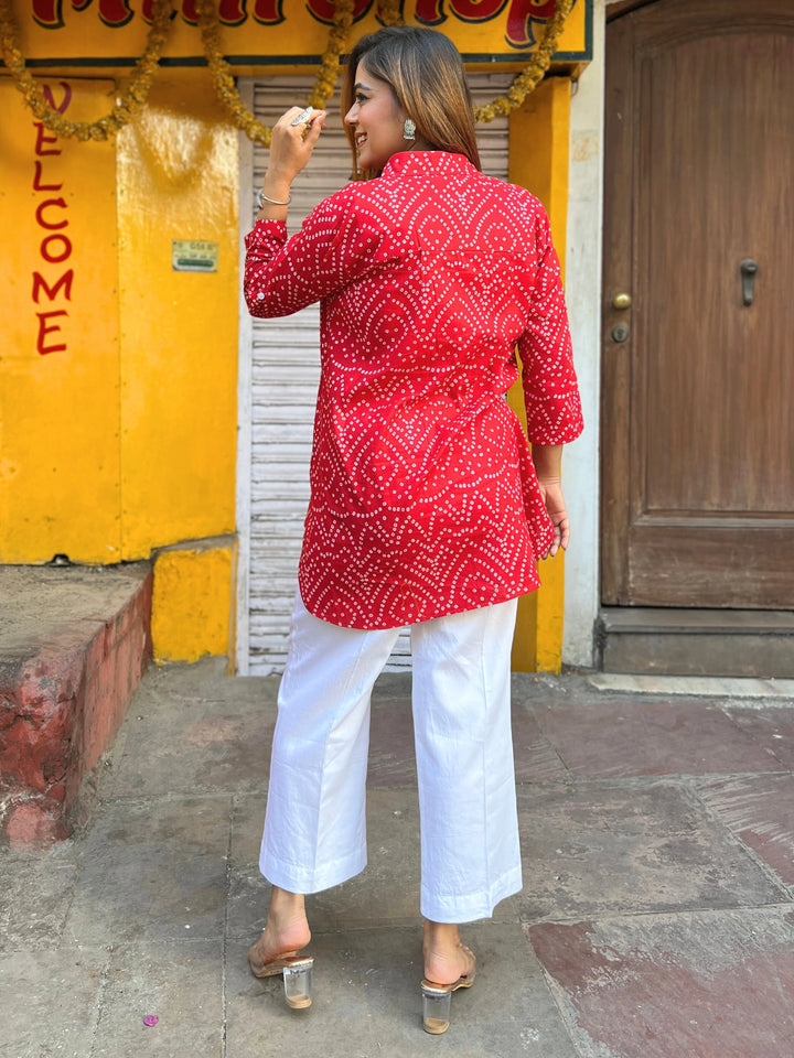 Red Bandhani Cotton A-line Shirt