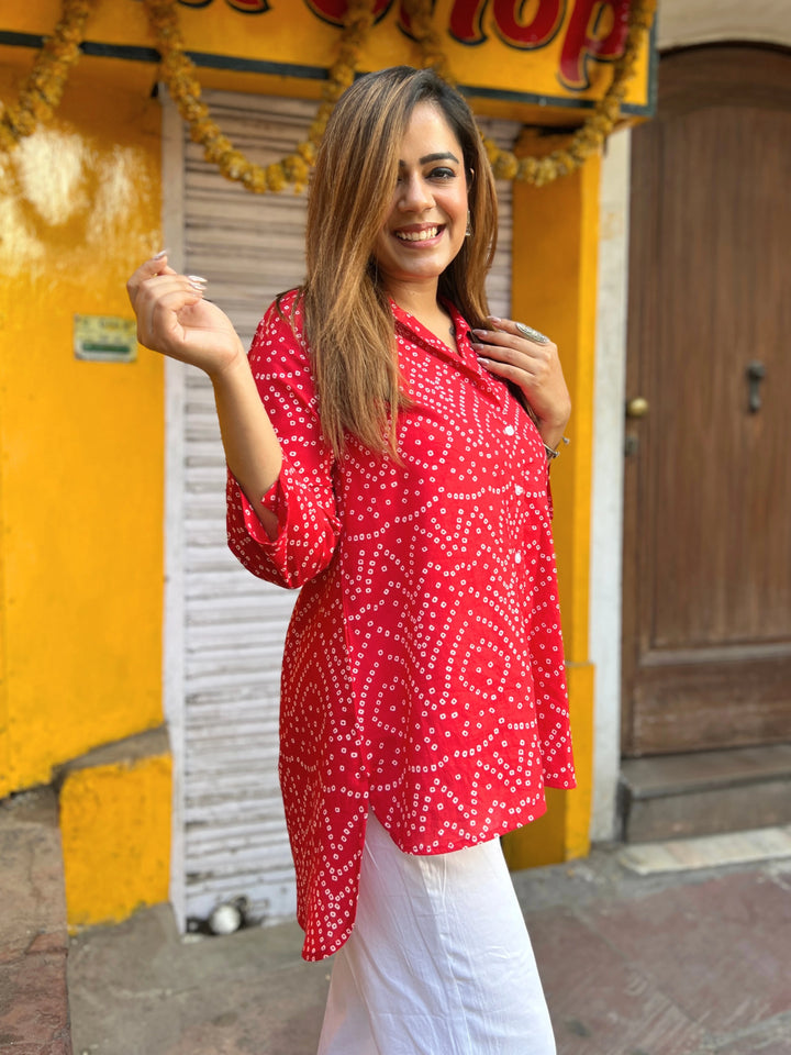 Red Bandhani Cotton A-line Shirt