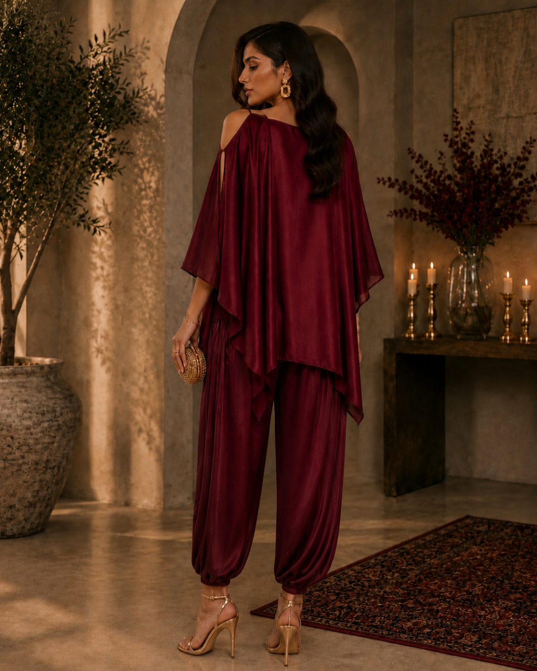 Red Satin Indo Western Dramebaaz Cape Cowl Set