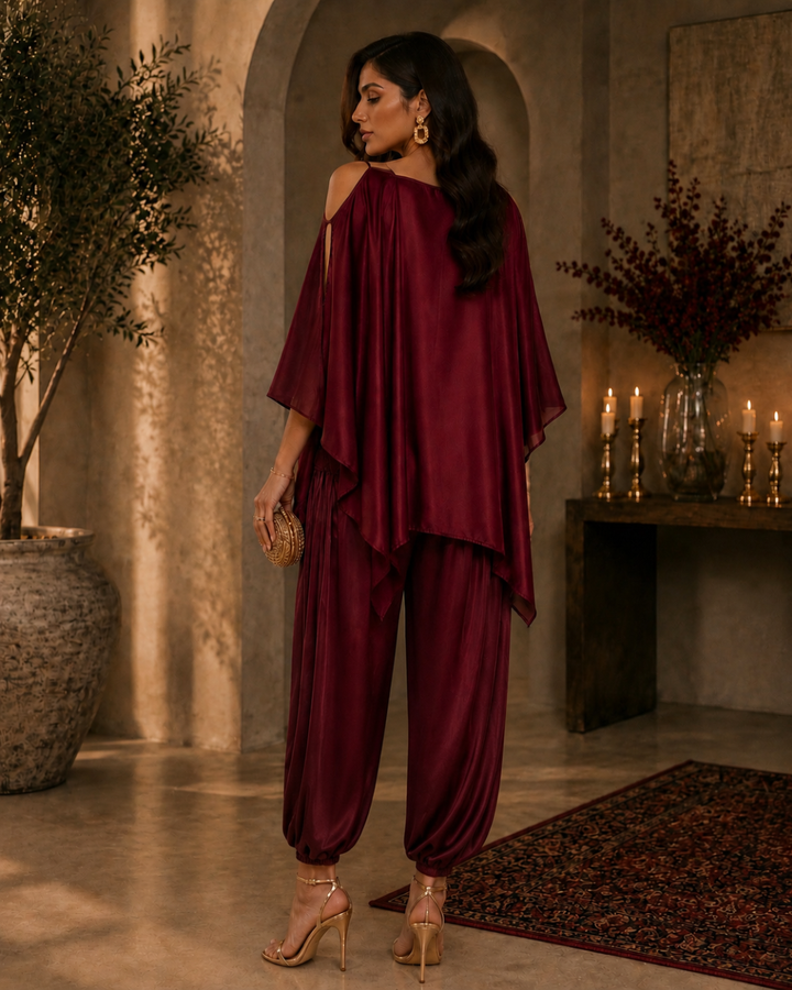 Red Satin Indo Western Dramebaaz Cape Cowl Set