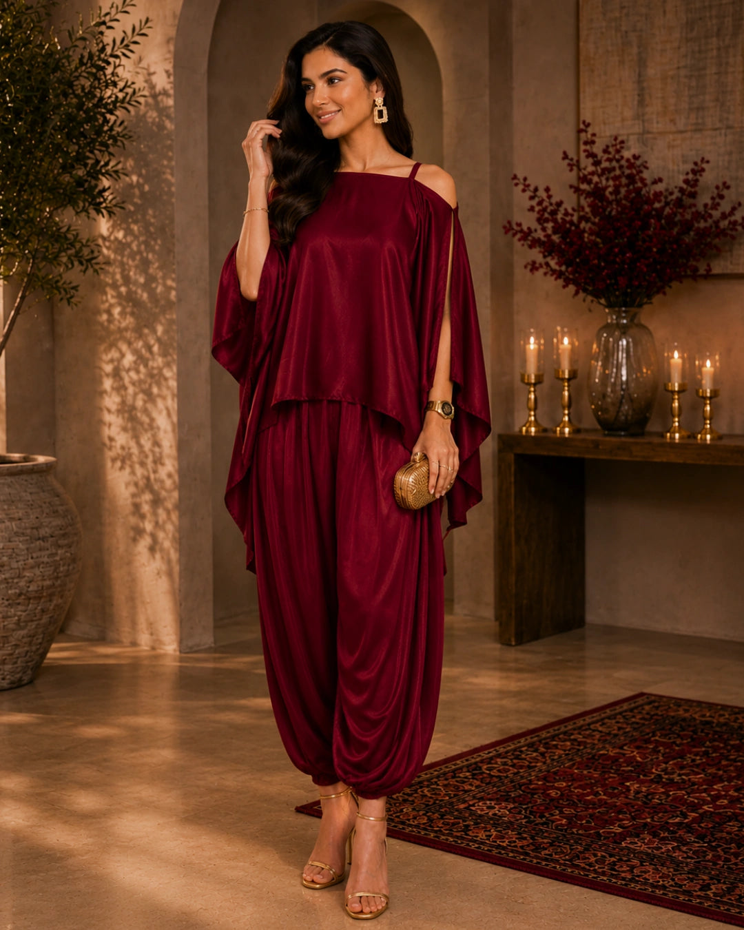 Red Satin Indo Western Dramebaaz Cape Cowl Set