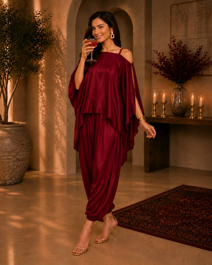 Red Satin Indo Western Dramebaaz Cape Cowl Set