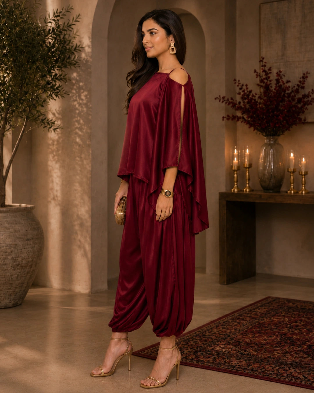 Red Satin Indo Western Dramebaaz Cape Cowl Set