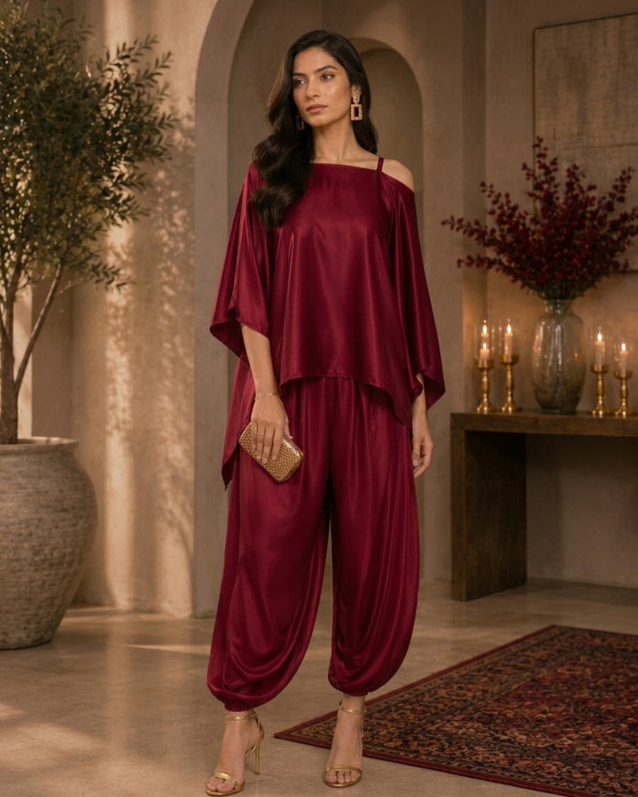 Red Satin Indo Western Dramebaaz Cape Cowl Set