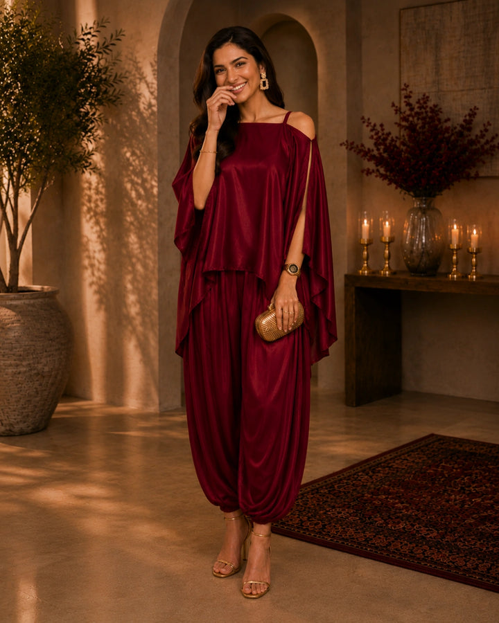 Red Satin Indo Western Dramebaaz Cape Cowl Set