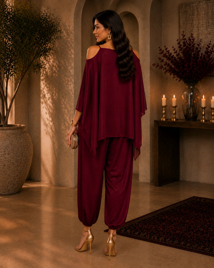 Red Satin Indo Western Dramebaaz Cape Cowl Set