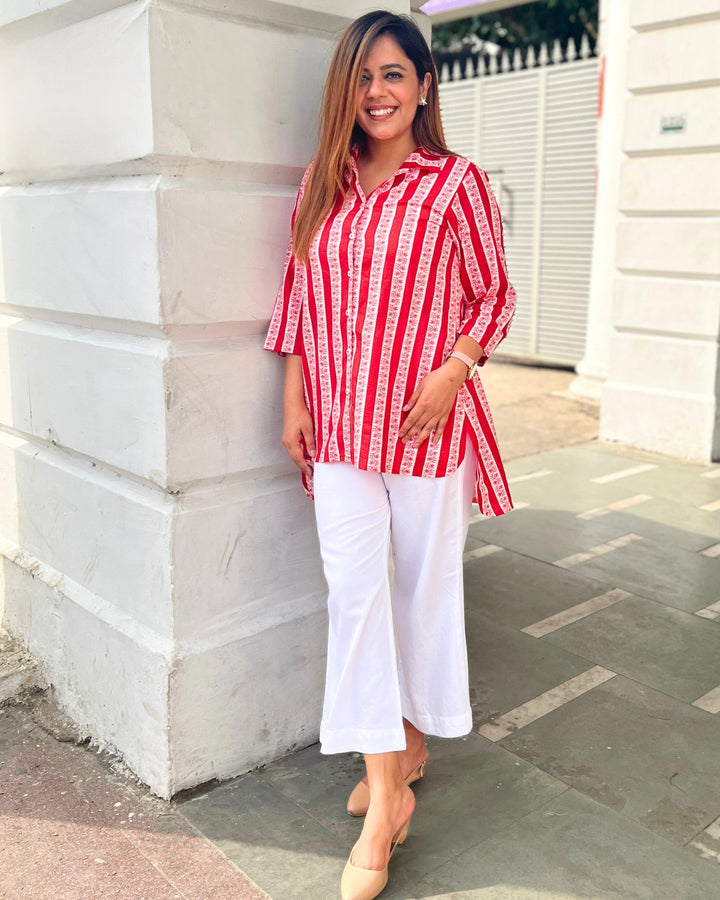 Red & White Handblock Cotton Shirt For Women
