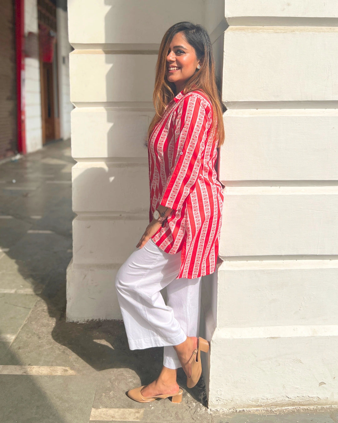 Red & White Handblock Cotton Shirt For Women