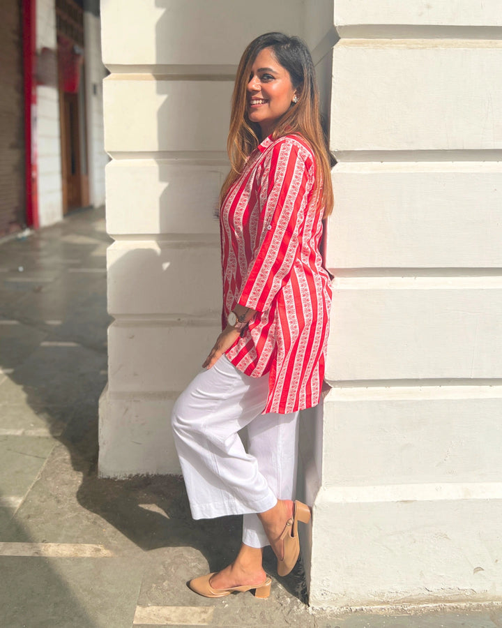 Red & White Handblock Cotton Shirt For Women