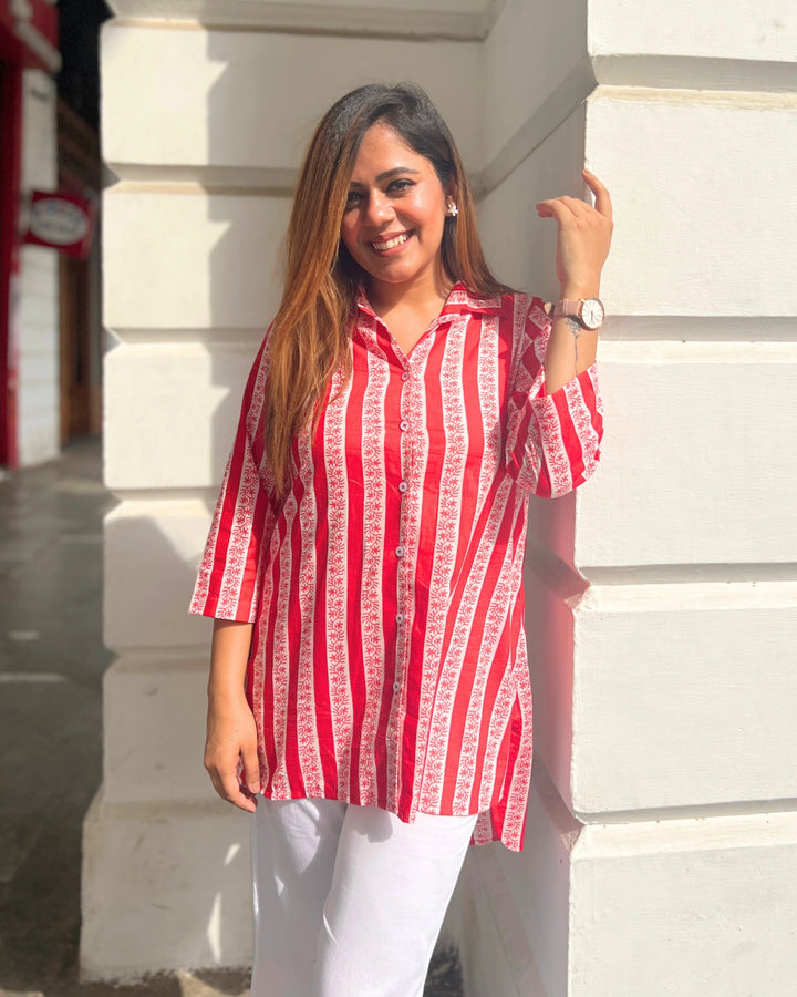 Red & White Handblock Cotton Shirt For Women