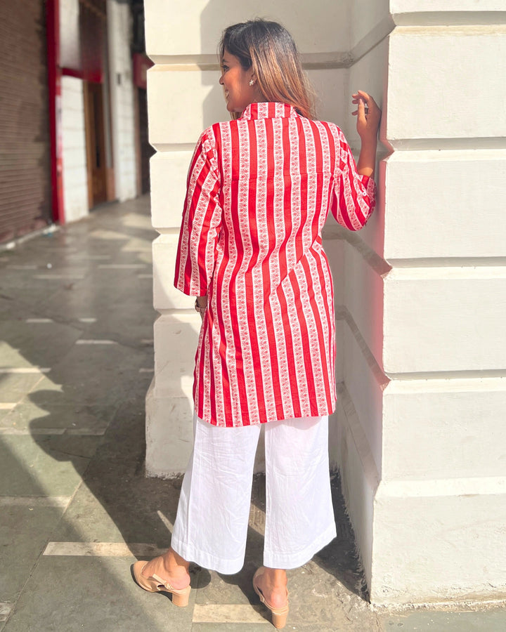 Red & White Handblock Cotton Shirt For Women