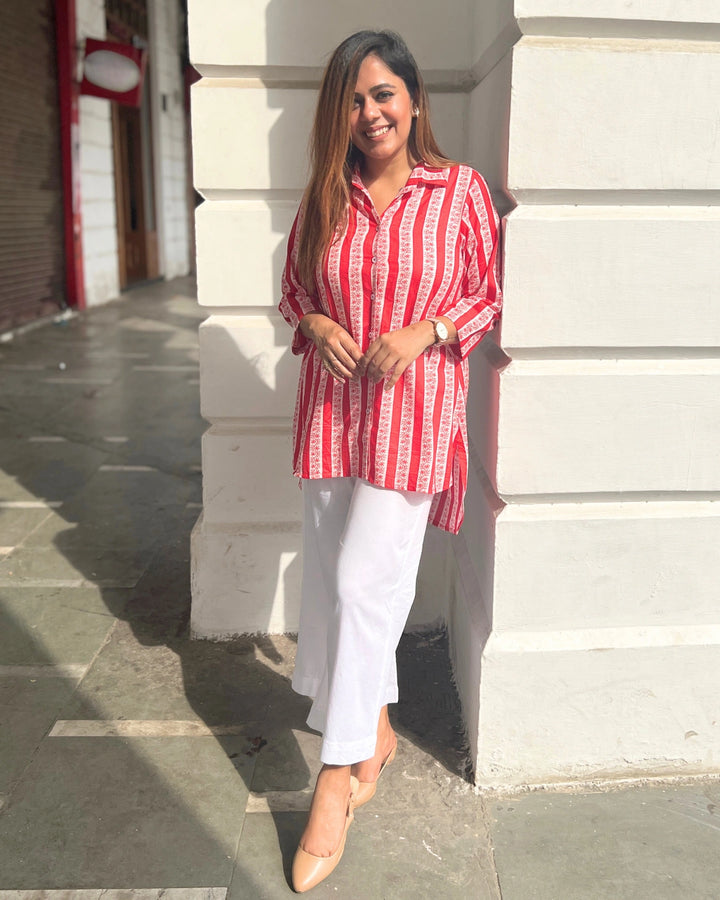 Red & White Handblock Cotton Shirt For Women