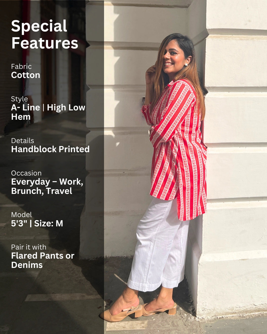 Red & White Handblock Cotton Shirt For Women