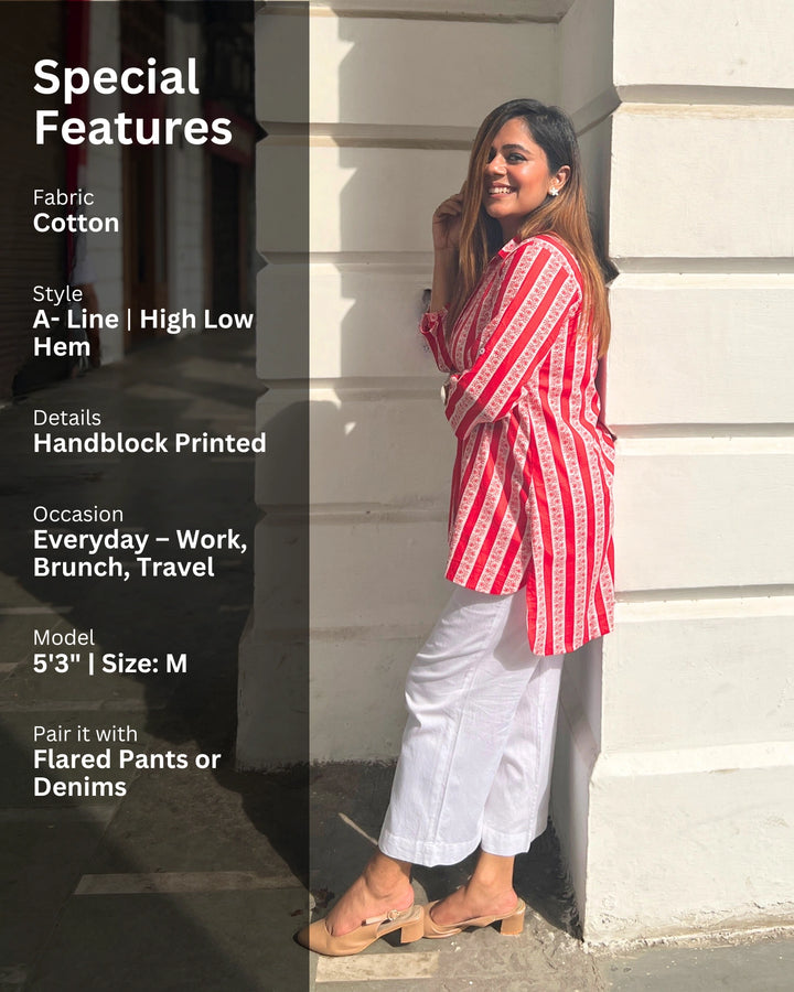 Red & White Handblock Cotton Shirt For Women