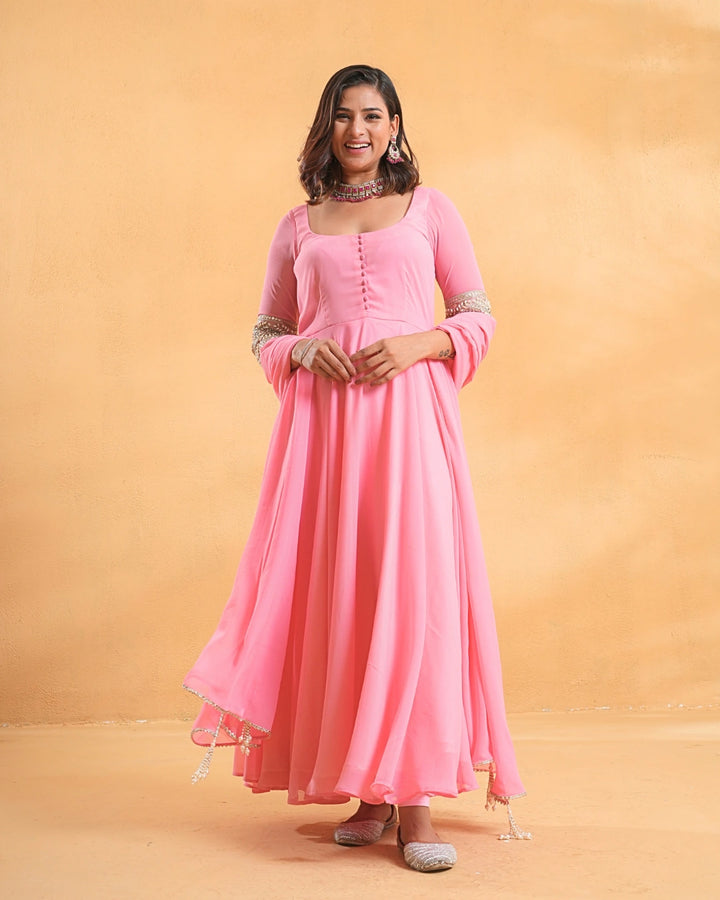 Rose Pink Solid Anarkali Kurta For Women
