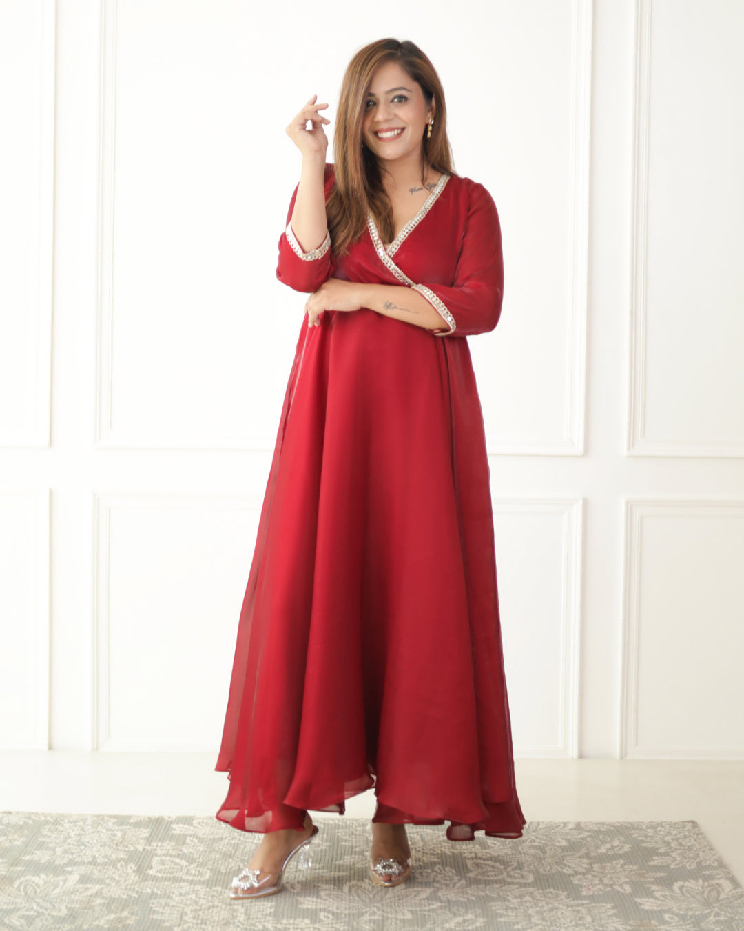 Luxe Ruby Red Organza Angrakha Kurta