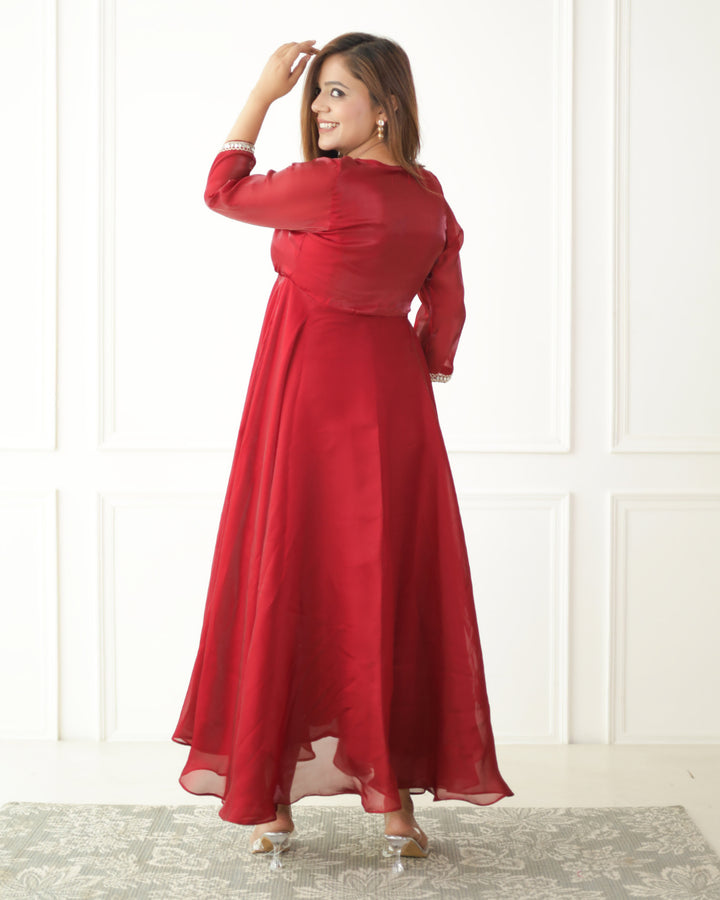 Luxe Ruby Red Organza Angrakha Kurta