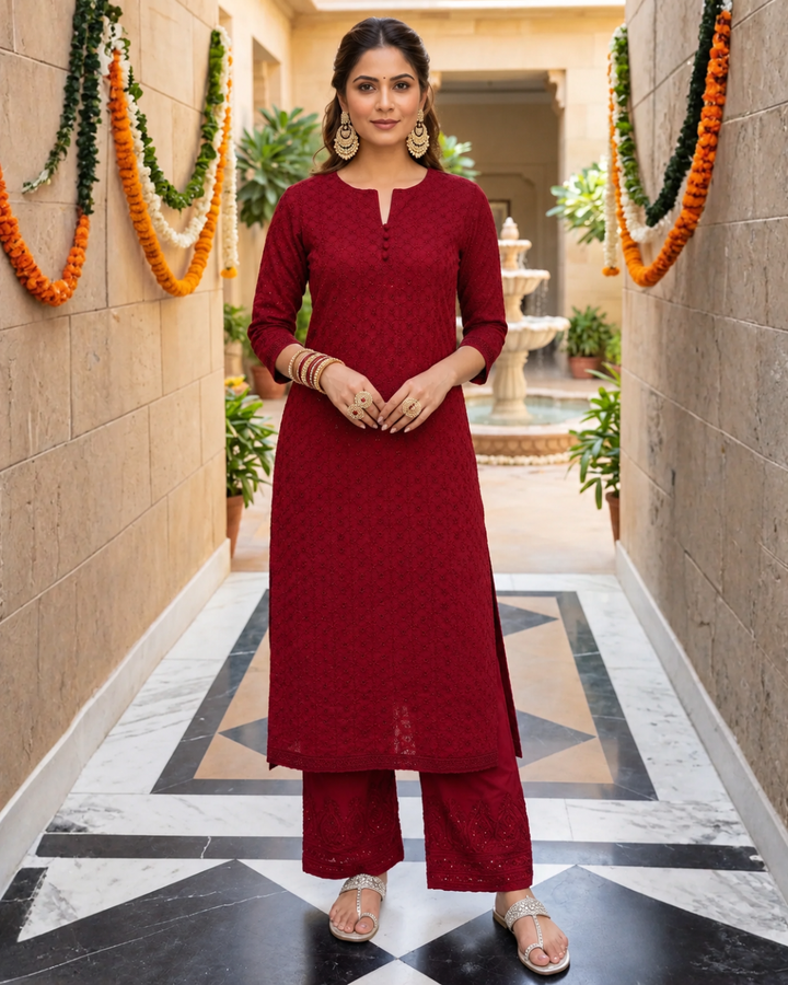 Ruby Red Embroidered Straight Kurta Set With Parallel Pants