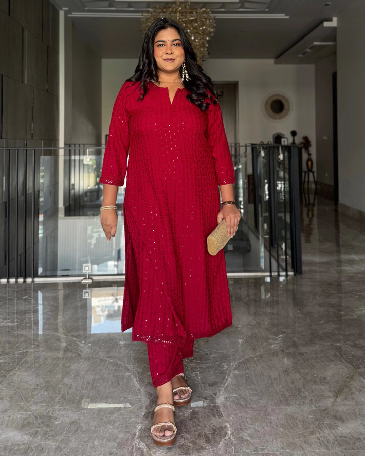 Ruby Red Embroidered Straight Kurta Set With Parallel Pants