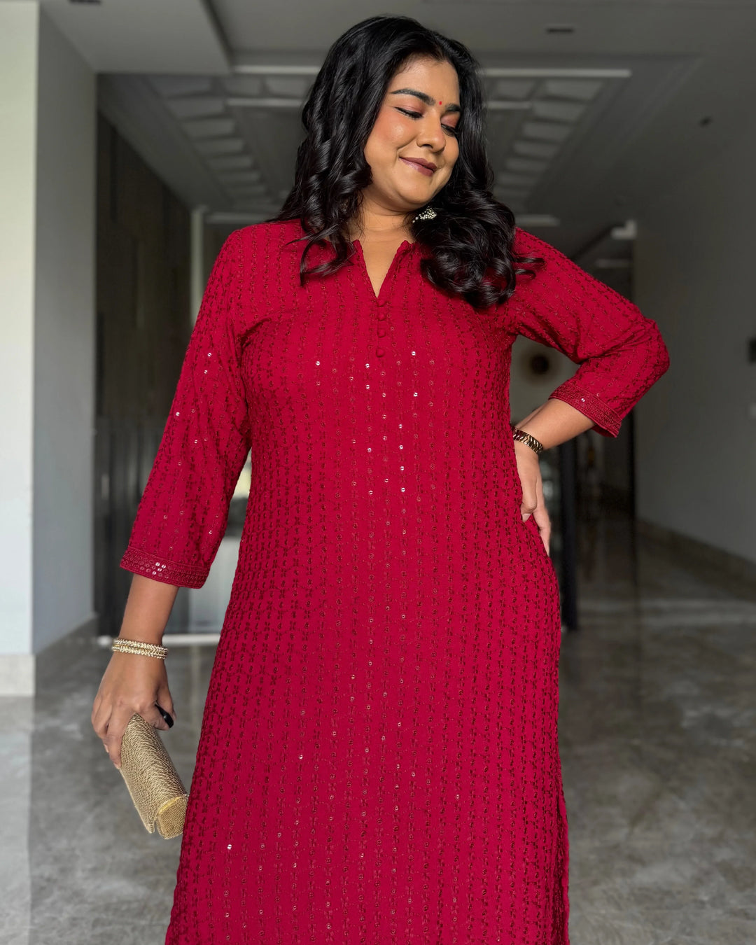 Ruby Red Embroidered Straight Kurta Set With Parallel Pants
