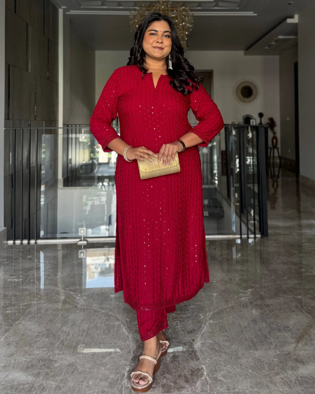 Ruby Red Embroidered Straight Kurta Set With Parallel Pants