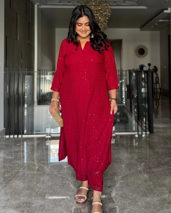 Ruby Red Embroidered Straight Kurta Set With Parallel Pants