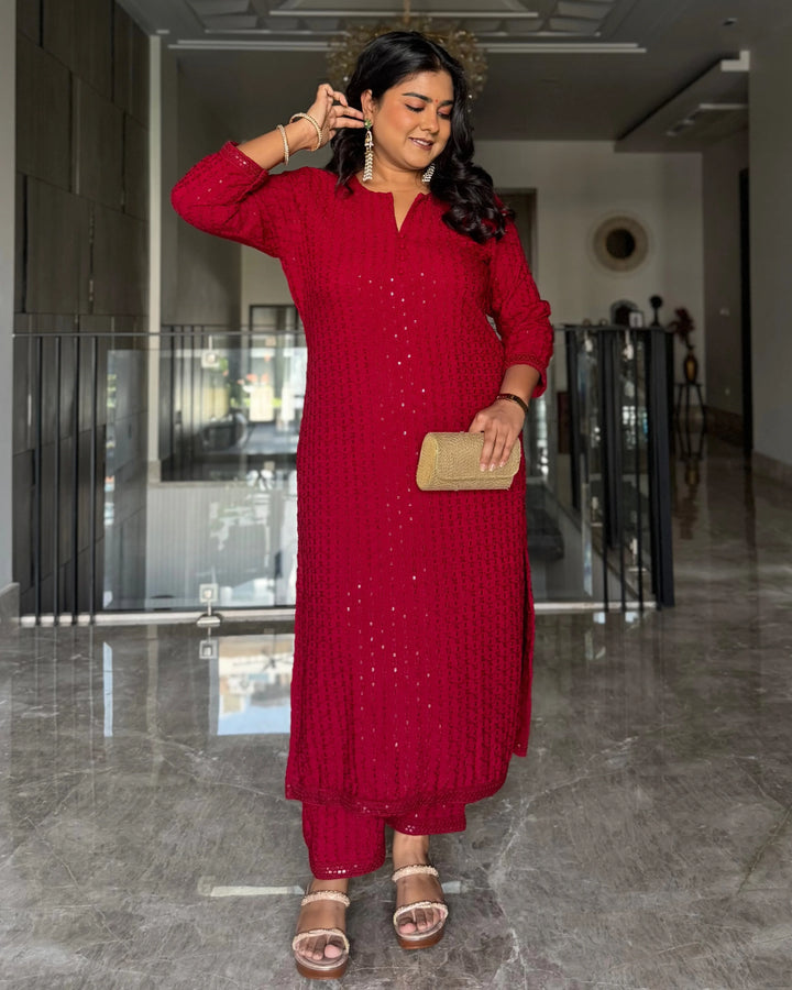 Ruby Red Embroidered Straight Kurta Set With Parallel Pants