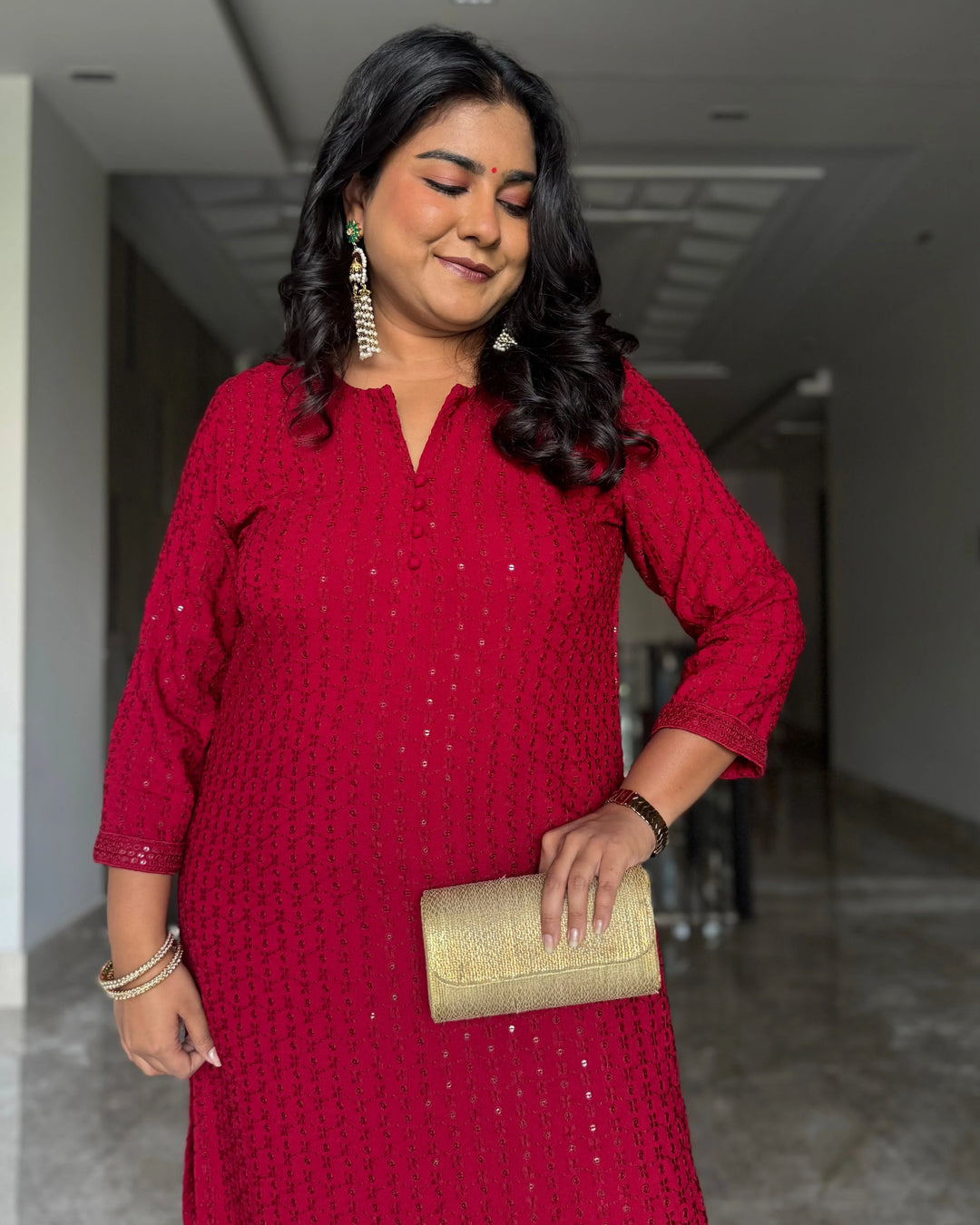 Ruby Red Embroidered Straight Kurta Set With Parallel Pants