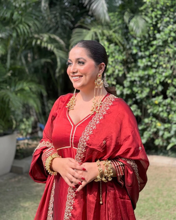 Ruhani Red Anarkali Suit with Dupatta - Set of 3