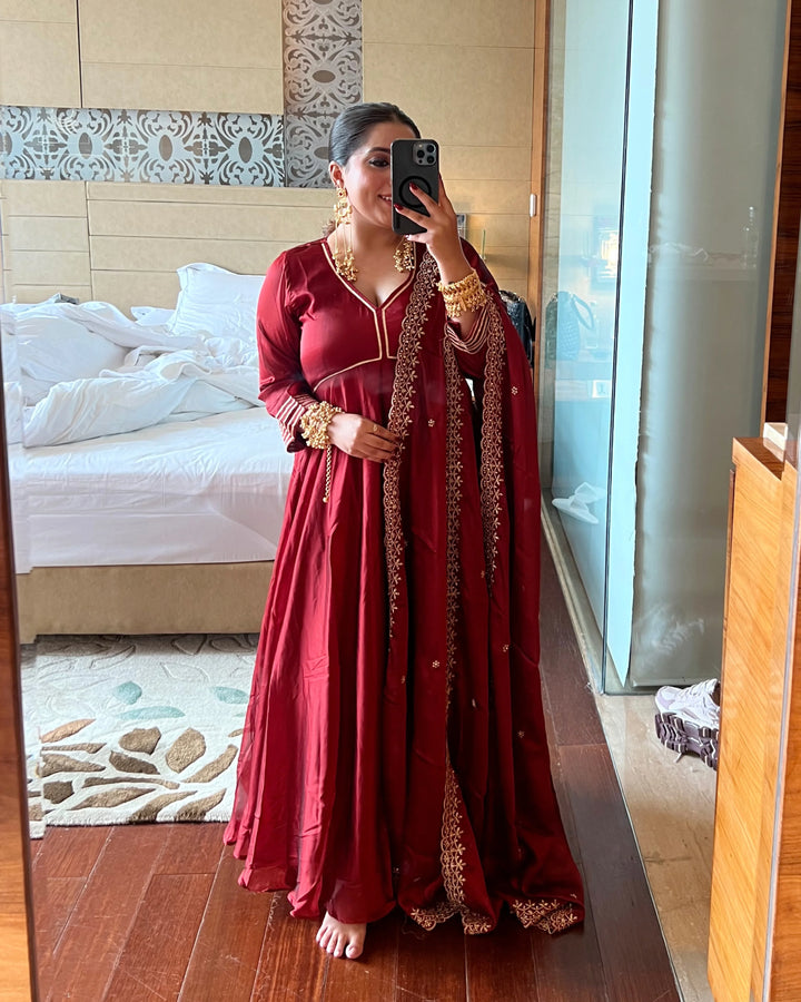 Ruhani Red Anarkali Suit with Dupatta - Set of 3