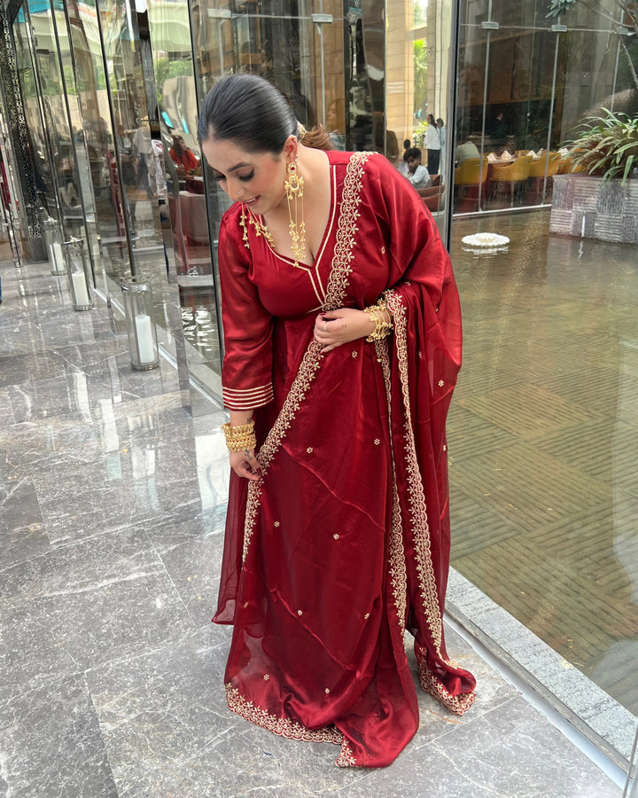 Ruhani Red Anarkali Suit with Dupatta - Set of 3