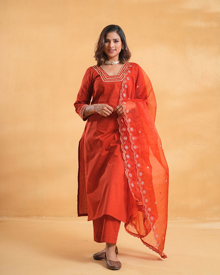 Ruhaani Rust Cotton Suit For Women - Set of 3