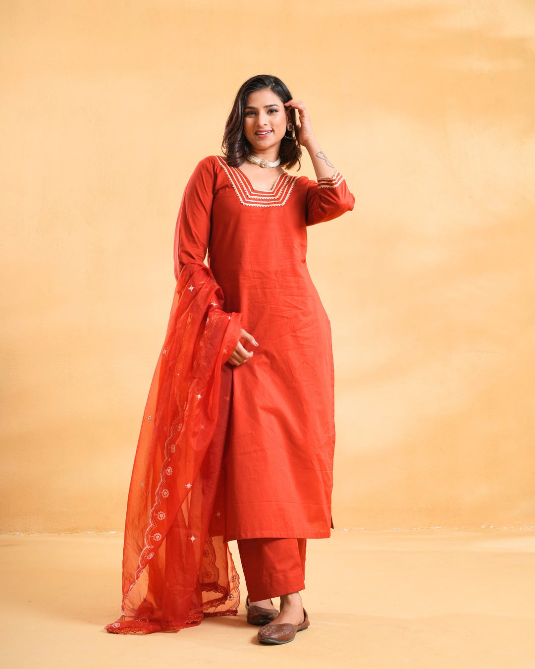 Ruhaani Rust Cotton Suit For Women - Set of 3