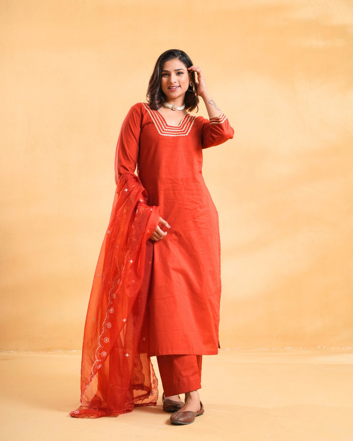 Ruhaani Rust Cotton Suit For Women - Set of 3
