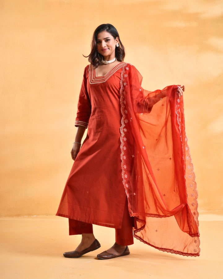 Ruhaani Rust Cotton Suit For Women - Set of 3