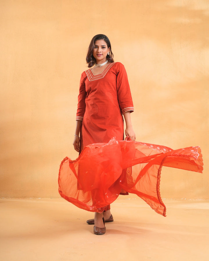 Ruhaani Rust Cotton Suit For Women - Set of 3