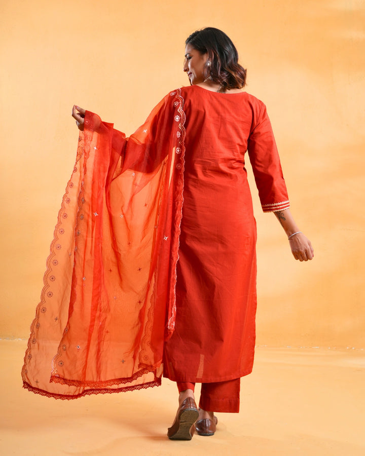 Ruhaani Rust Cotton Suit For Women - Set of 3