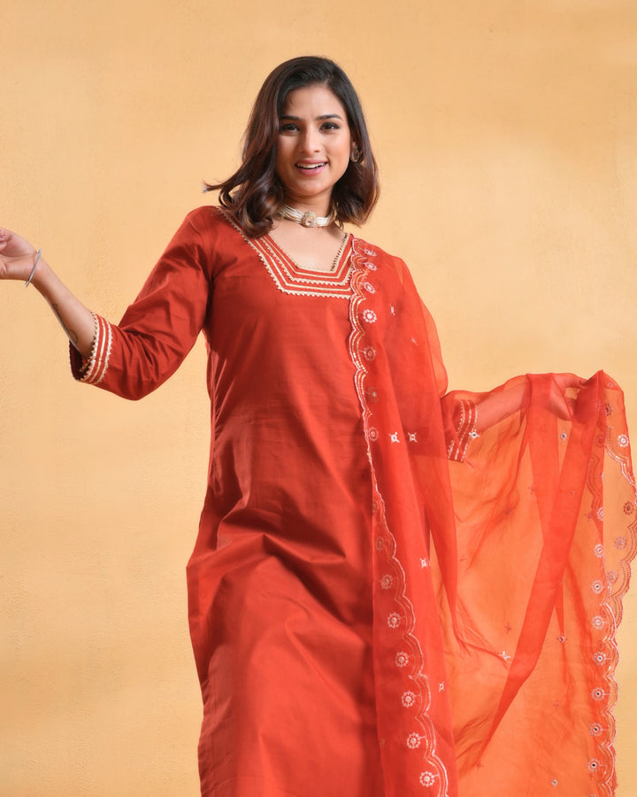 Ruhaani Rust Cotton Suit For Women - Set of 3